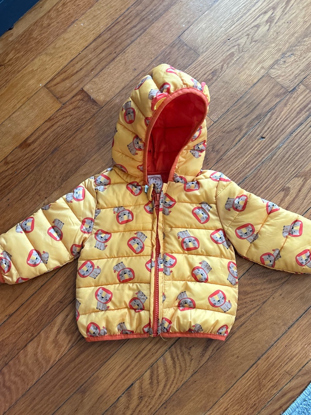 Robeez Yellow Puffer Jacket with Orange Hood Lining and Cat Print